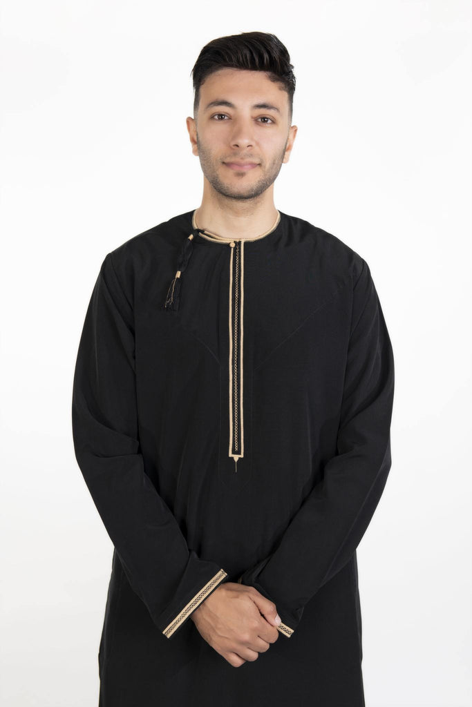Omani Black Jubba | Chest Pattern Thobe | Royal Black & Gold Thobe