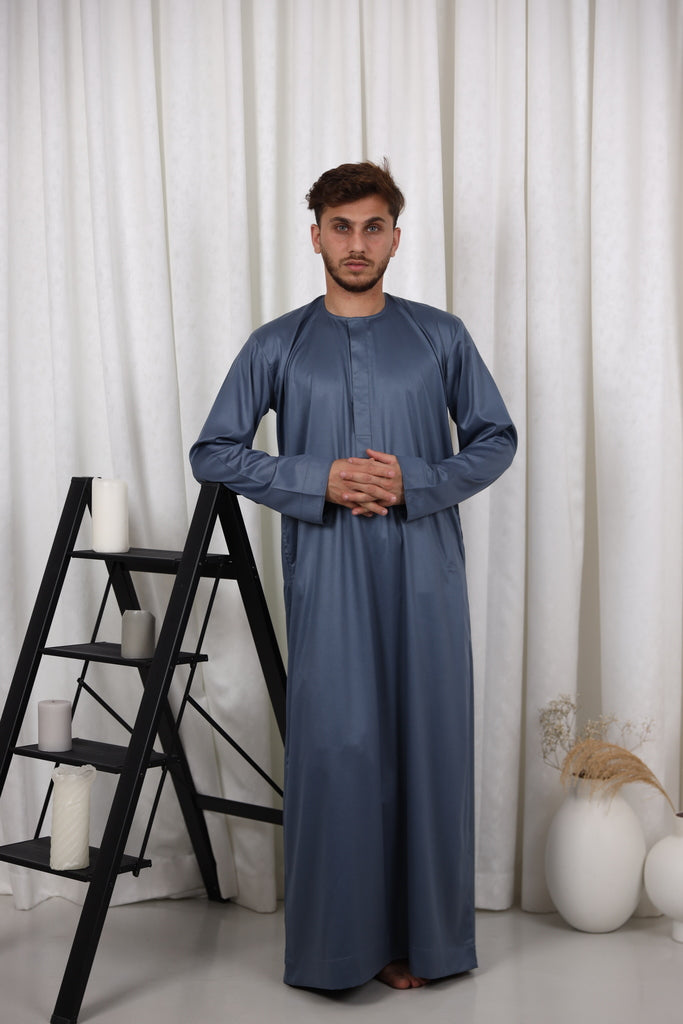 Grey Classic Placket Dubai Thobe Luxury Silk Feel Material Jubba